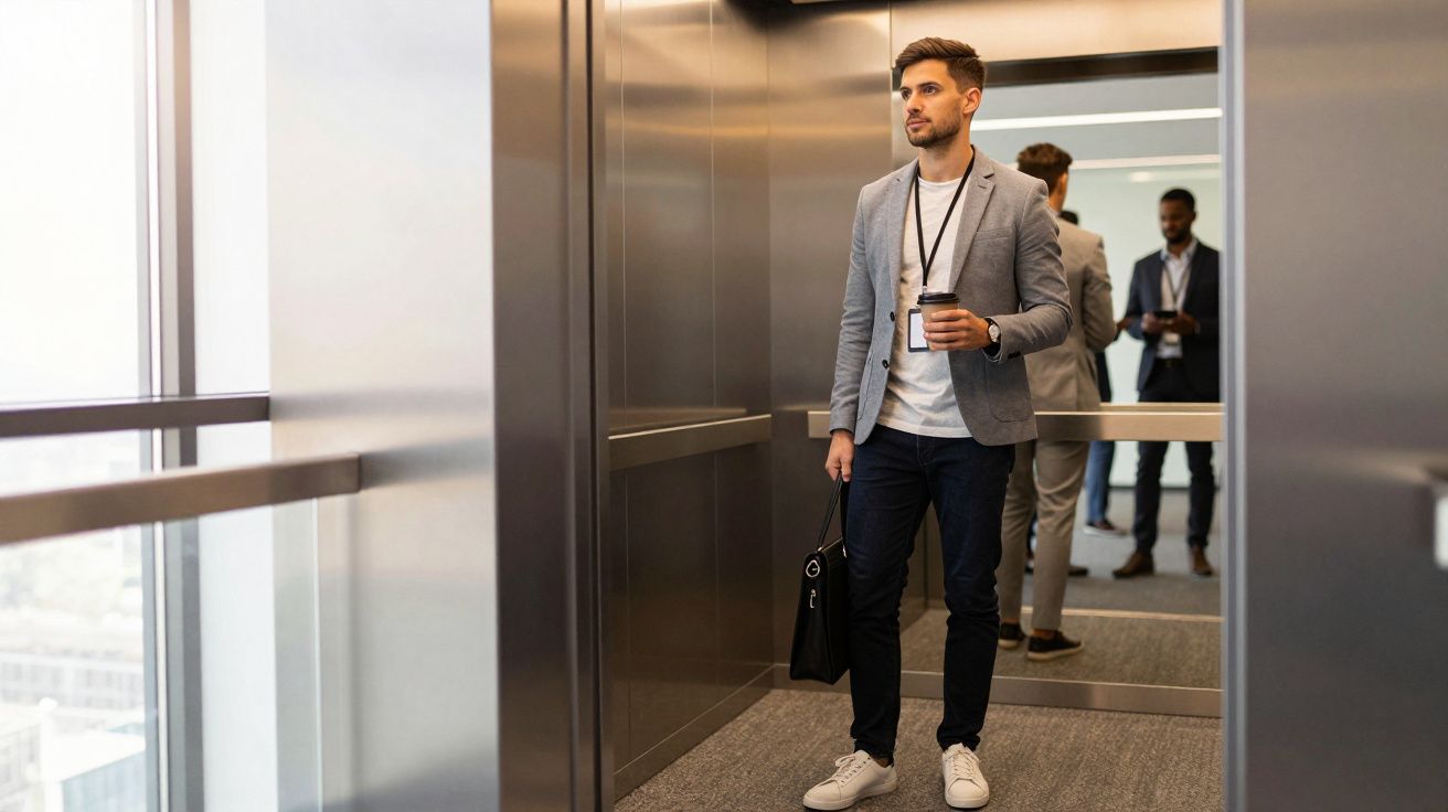 Homem de negócios entrando no elevador com café e pasta, vestido com blazer cinza e calça escura.