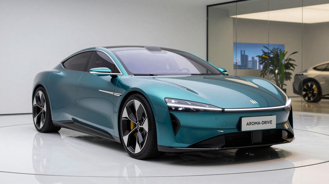 Carro esportivo elétrico verde azul metálico em exposição em ambiente moderno e minimalista.