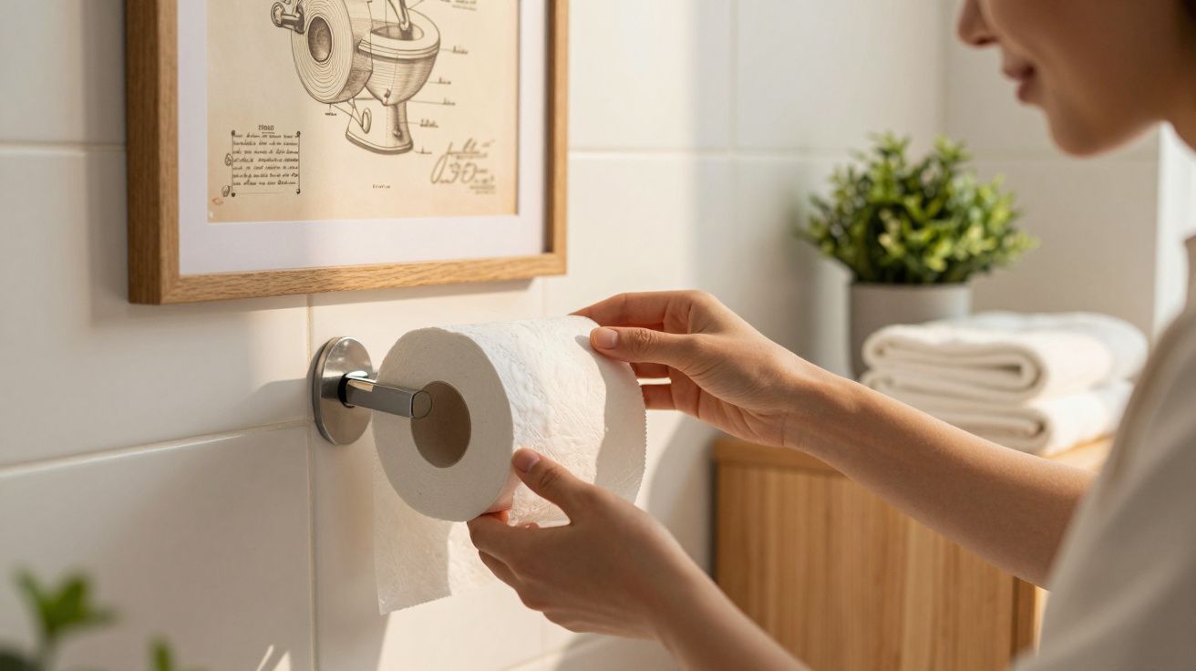 Pessoa colocando um papel higiênico em suporte de parede em banheiro decorado e iluminado.