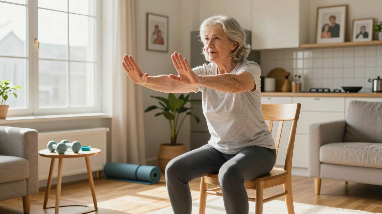 Mulher idosa fazendo exercícios de alongamento sentada em cadeira na sala iluminada.