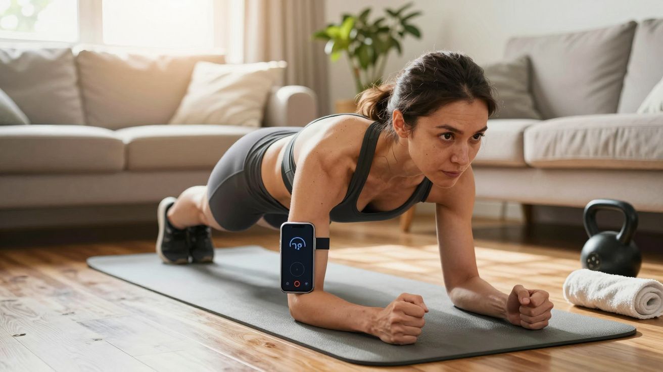 Mulher fazendo prancha em tapete de yoga na sala, com kettlebell e toalha ao lado.
