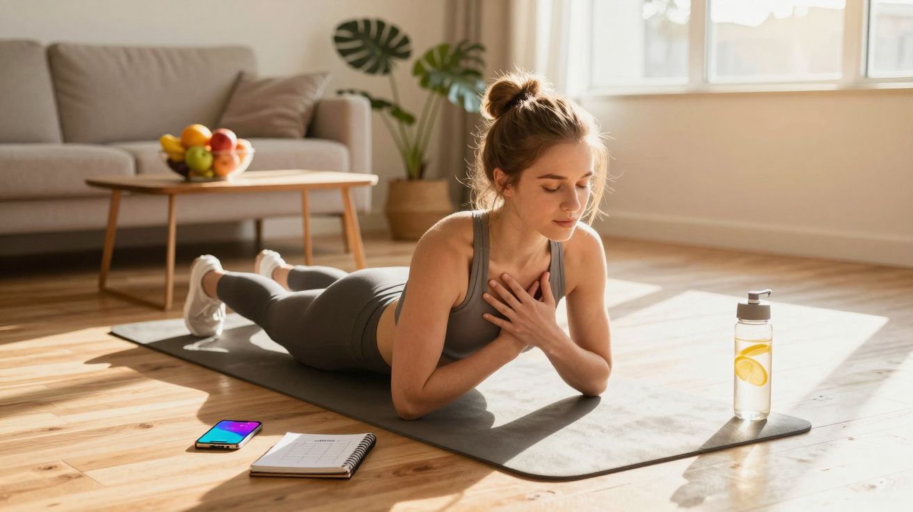 Mulher fazendo exercício de alongamento em tapete de yoga, com garrafa de água, celular e caderno ao lado.