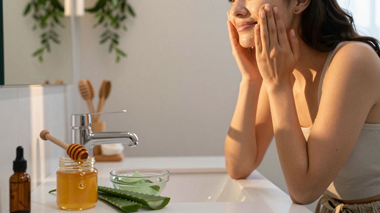 Mulher aplicando creme facial em banho, com mel e babosa sobre pia branca iluminada pelo sol.