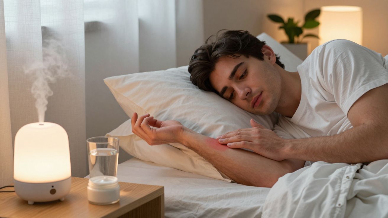 Homem deitado na cama olhando para irritação vermelha no braço, ao lado umidificador e copo d'água na mesa.