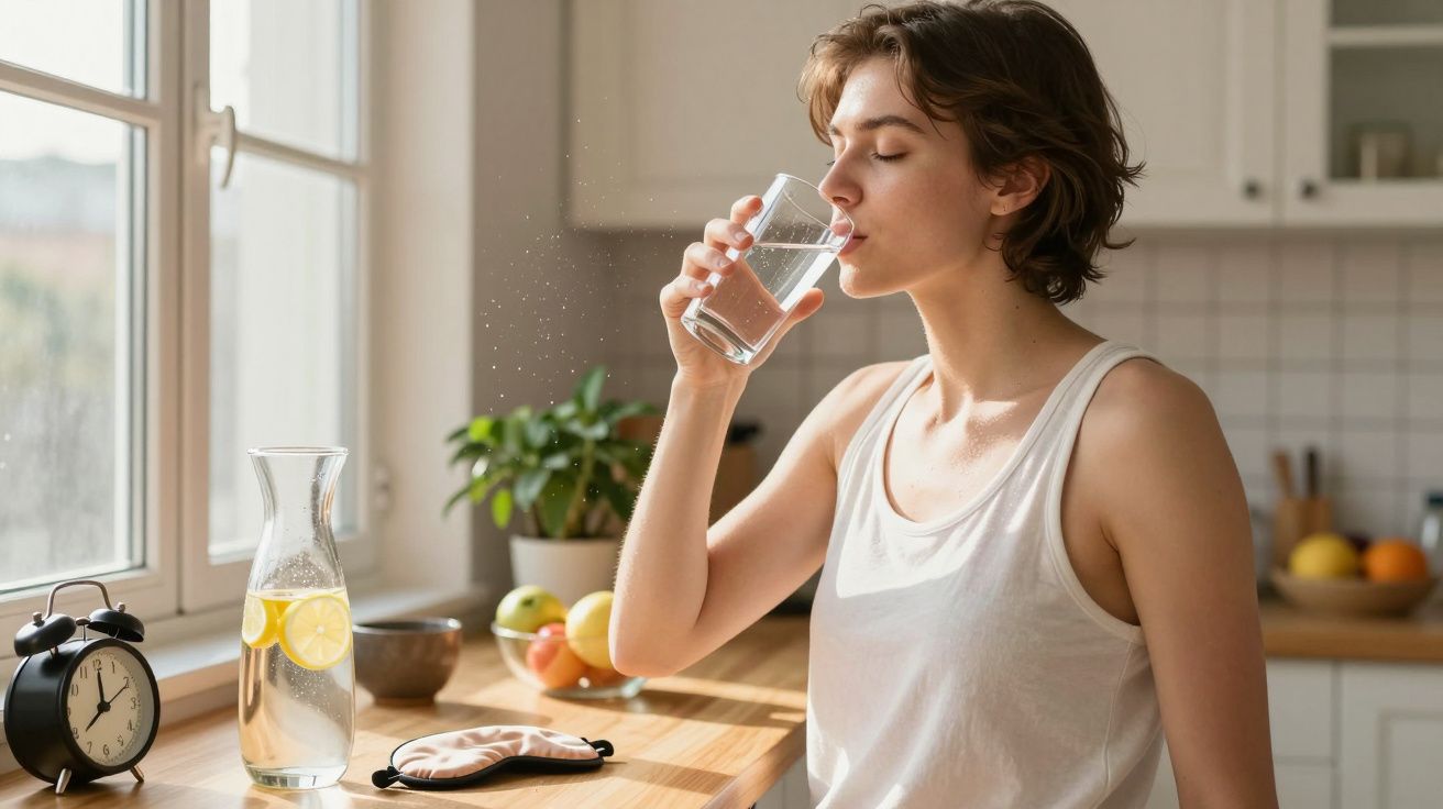 Mulher vestindo regata branca bebendo água em copo na cozinha ao lado de jarra com fatias de limão.