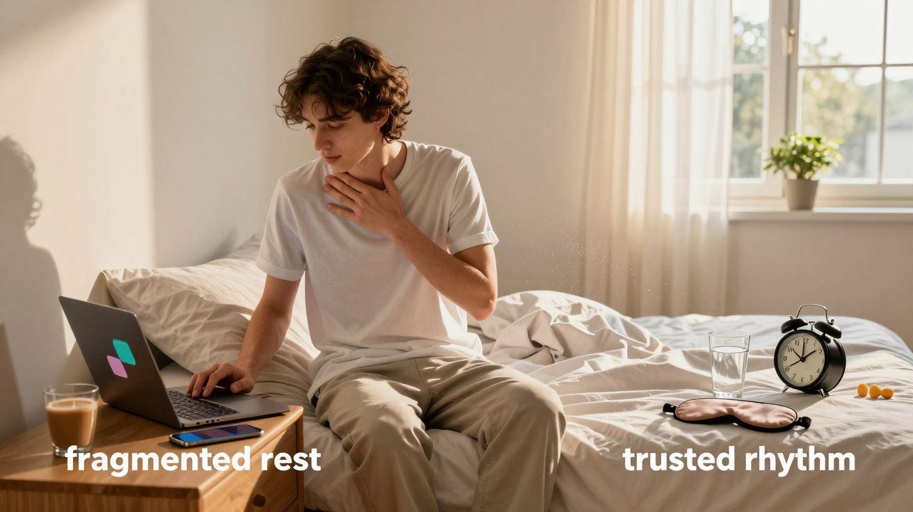 Jovem sentado na cama tocando o pescoço, com laptop na mesa e relógio despertador ao lado na cama.