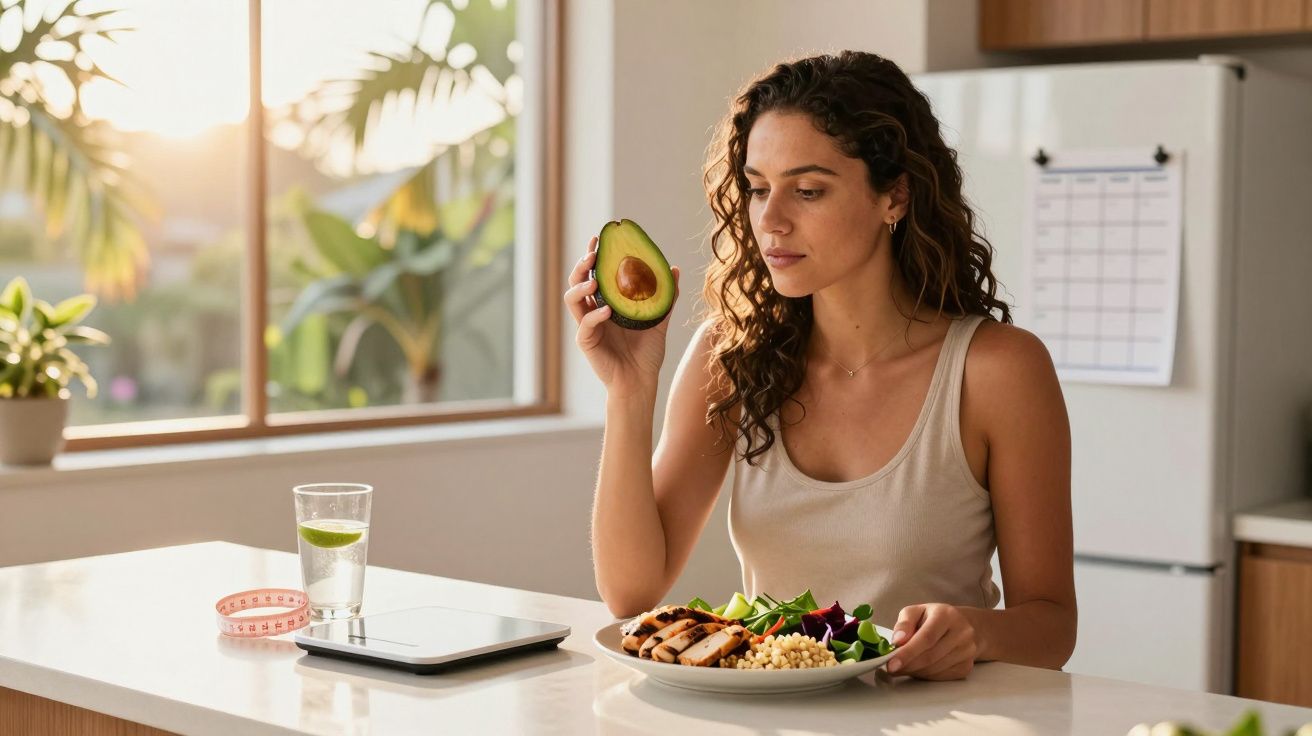 Mulher comendo salada e segurando meio abacate em cozinha iluminada pelo sol da manhã.