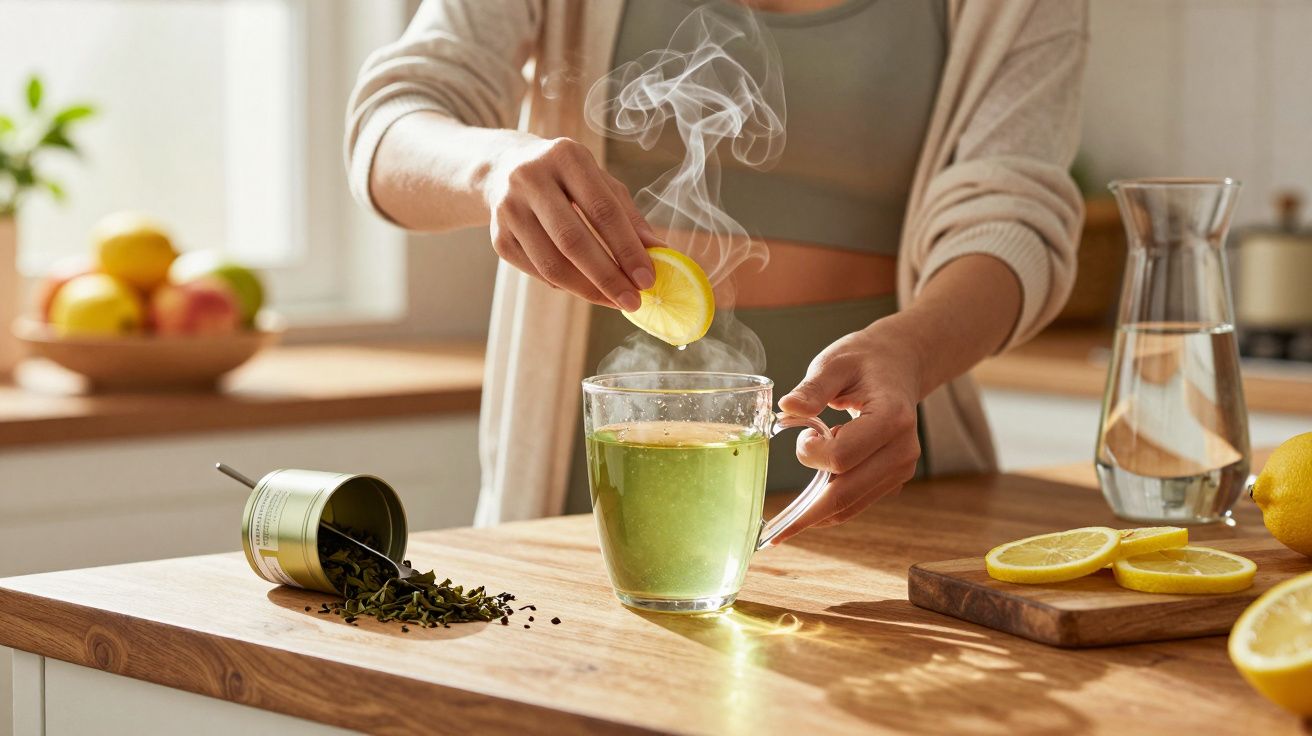 Pessoa colocando fatia de limão em chá verde quente em cozinha iluminada.