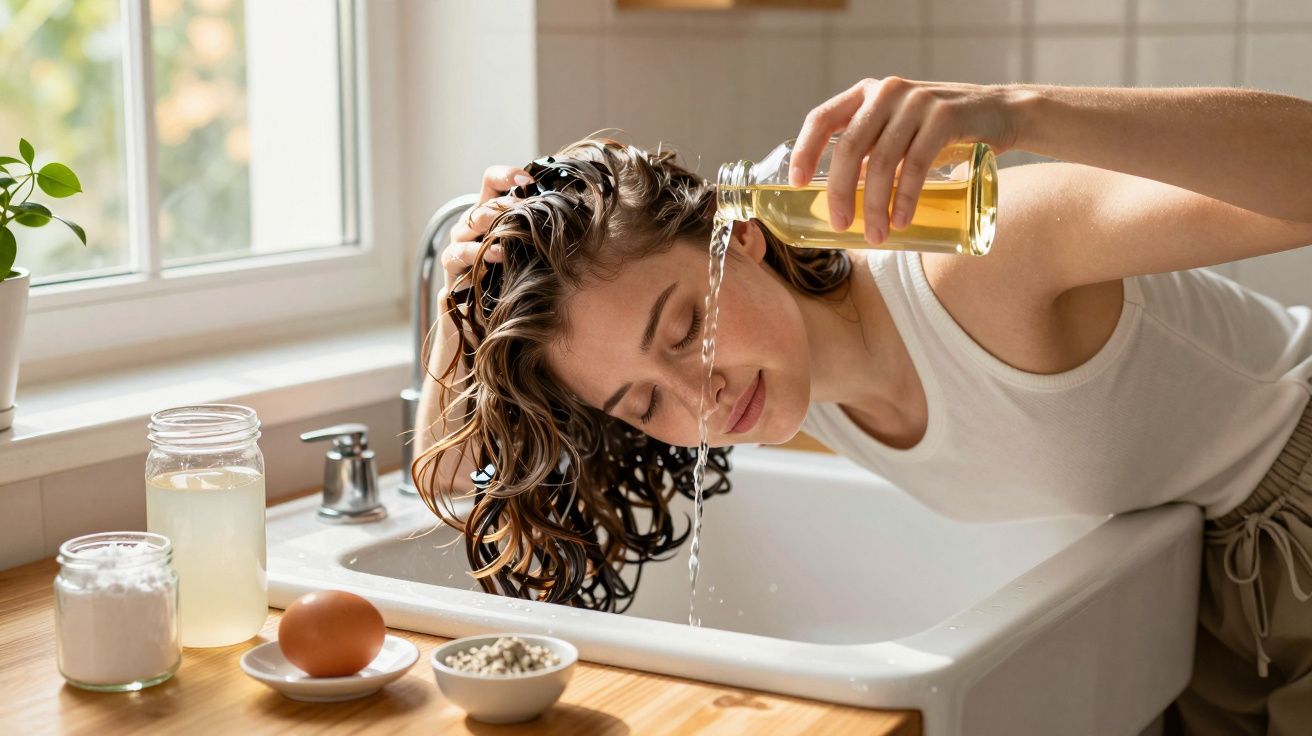 Mulher lavando o cabelo com líquido amarelo na pia da cozinha, com ingredientes naturais ao lado.