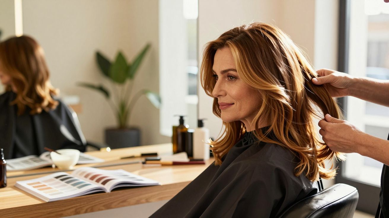 Mulher de cabelo loiro sendo penteada em salão de beleza, com catálogo de cores sobre mesa de madeira.