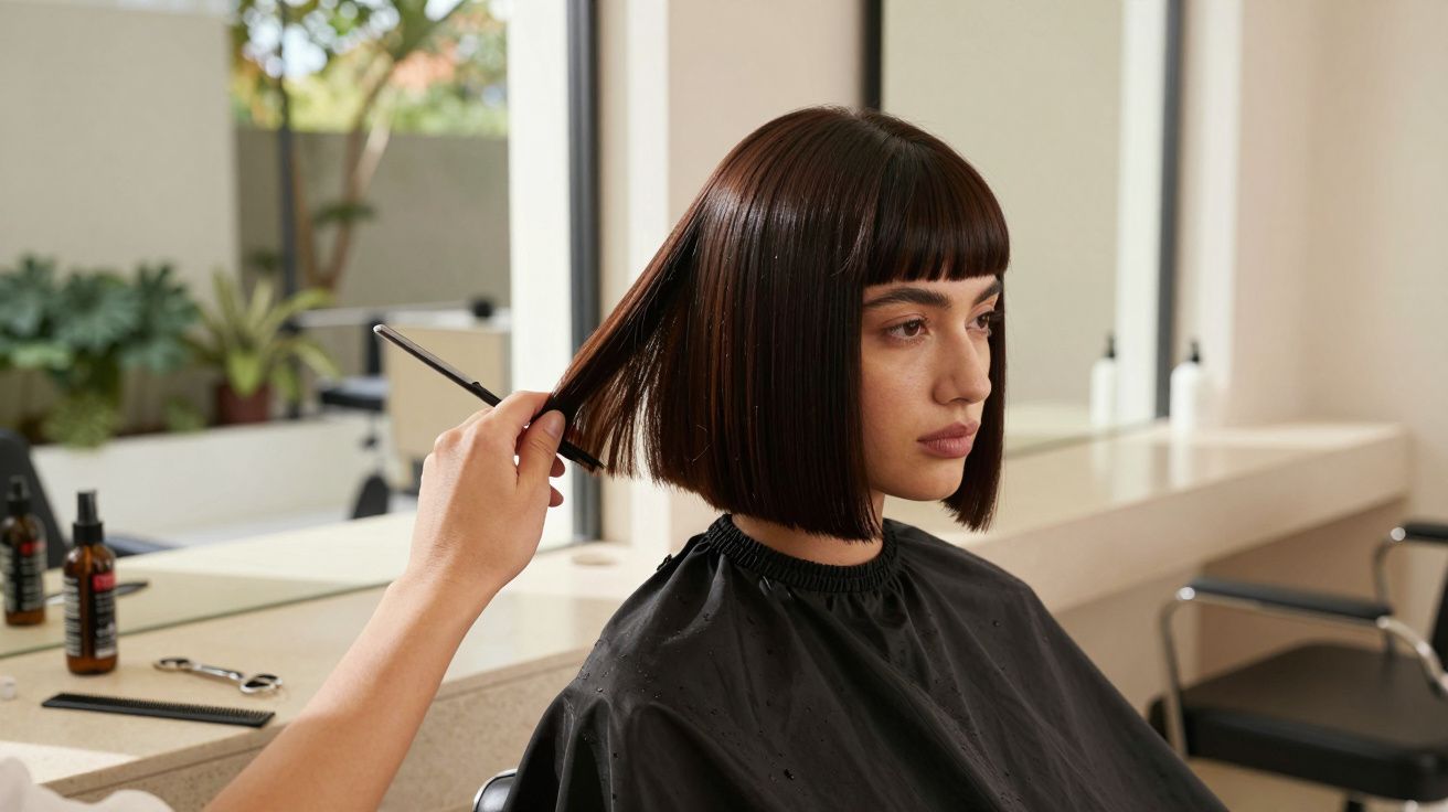 Mulher com cabelo curto e liso sendo estilizado em salão de beleza com capa preta.