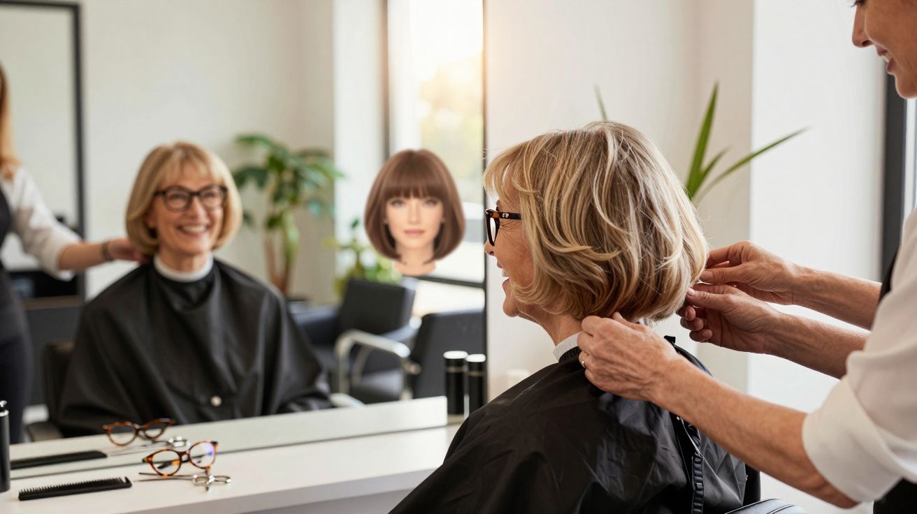 Mulher sorridente em salão de beleza, sendo preparada por cabeleireiro com peruca curta ao fundo.