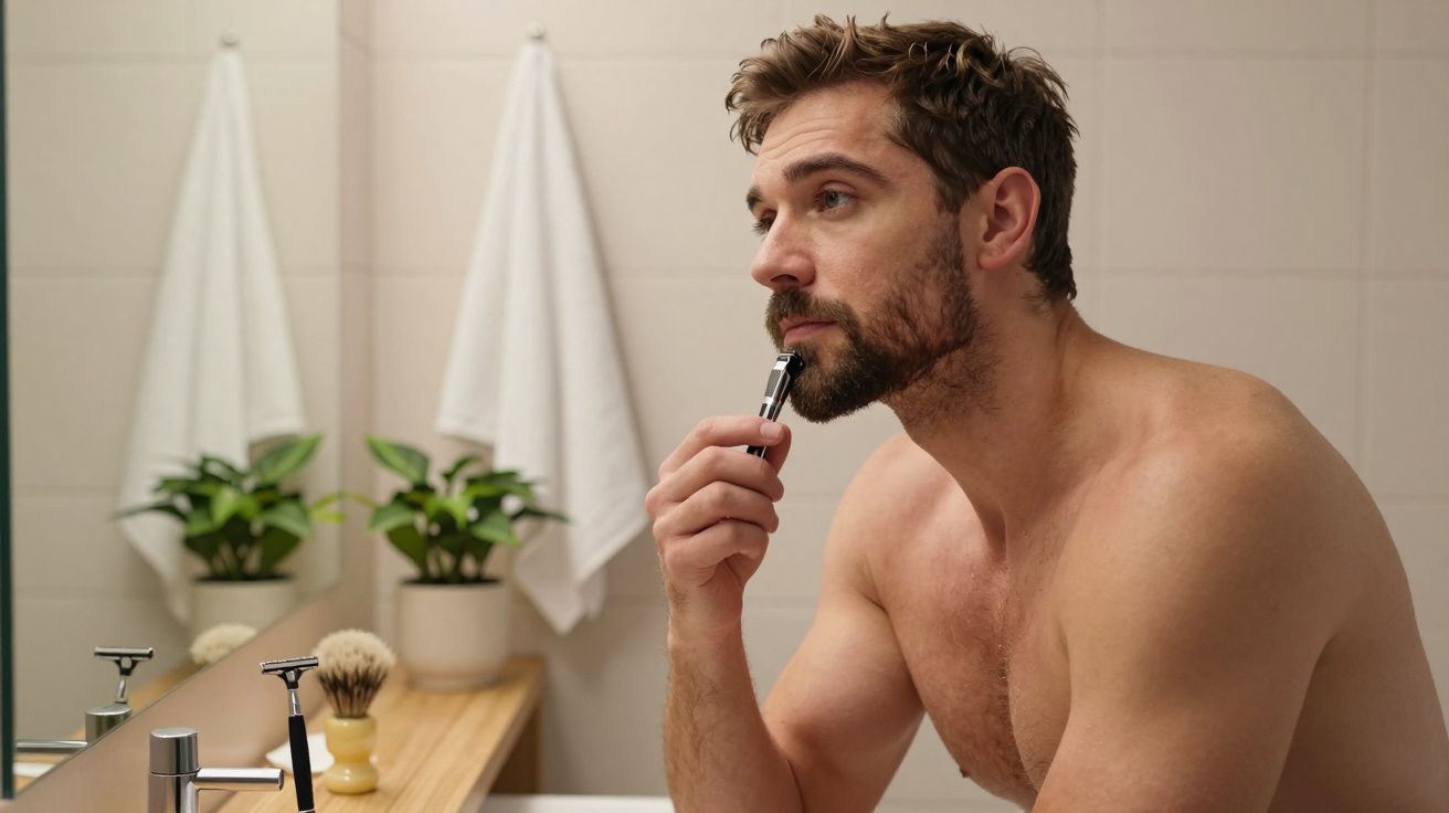 Homem olhando no espelho enquanto faz a barba com aparelho de barbear em banheiro iluminado.