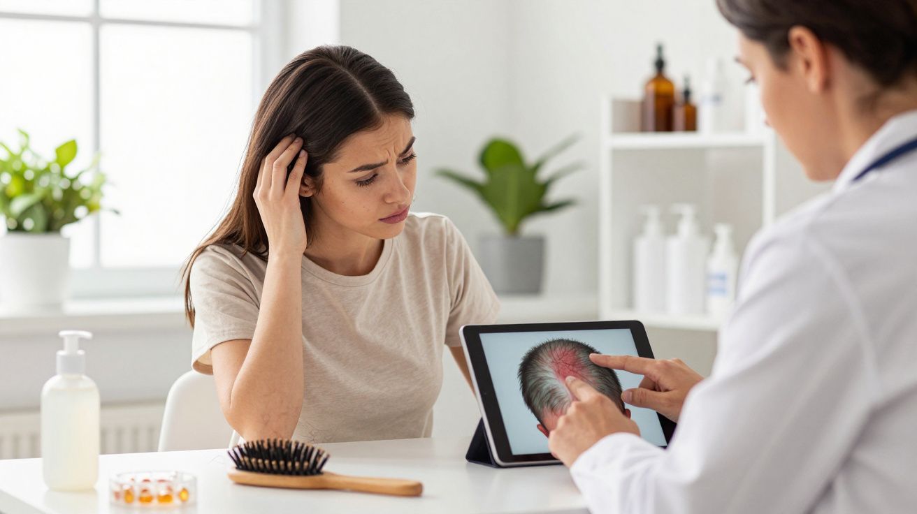 Mulher preocupada consultando médico sobre queda de cabelo mostrado em imagem digital na clínica.