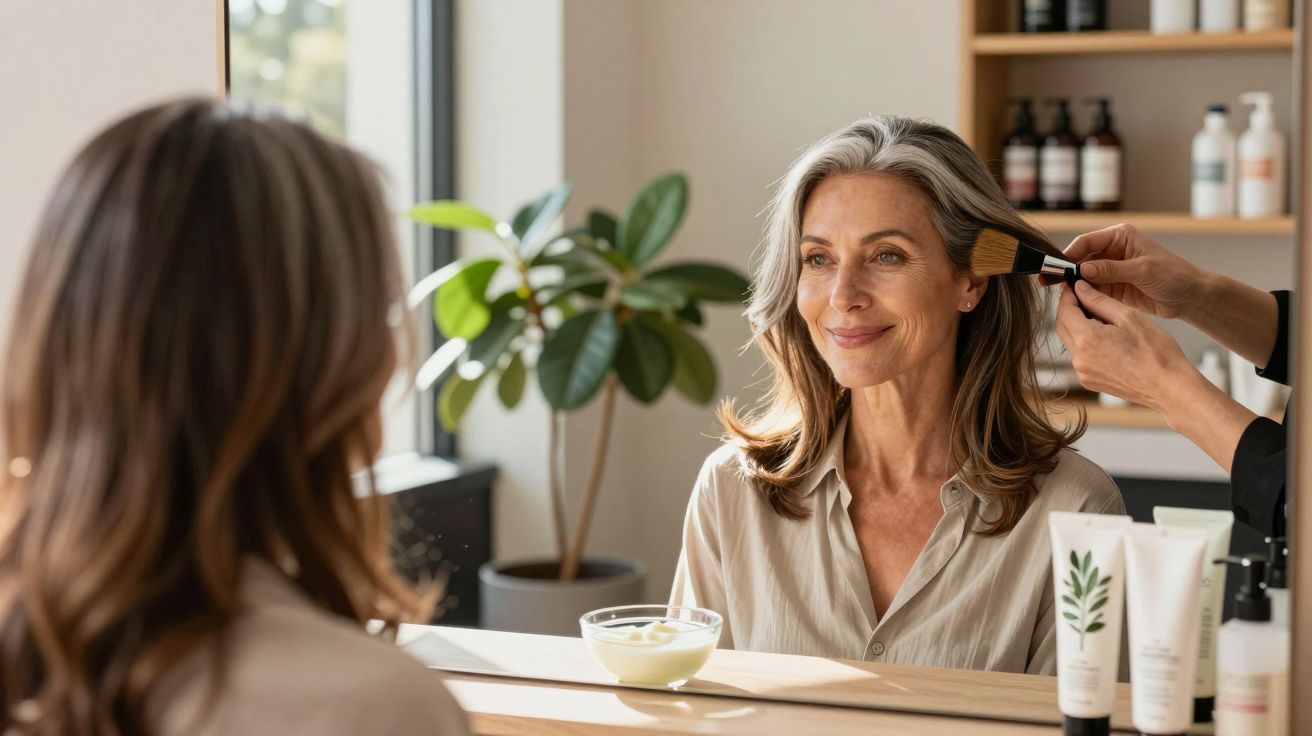 Mulher madura sorrindo enquanto recebe aplicação de maquiagem em salão moderno e iluminado.
