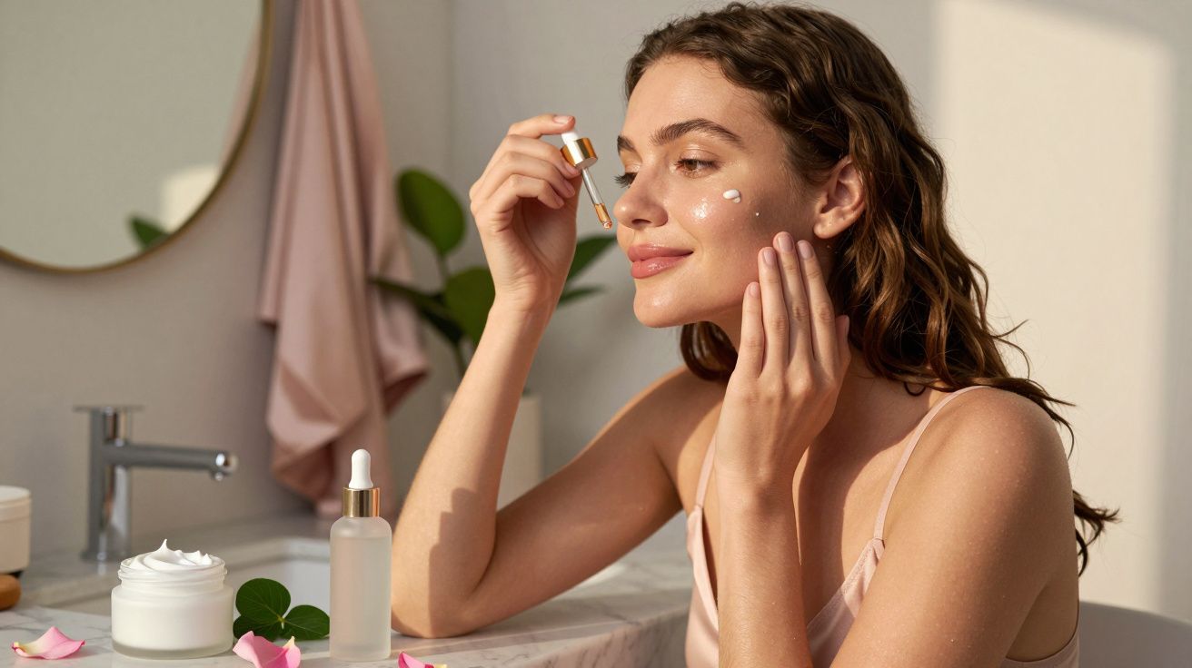 Mulher aplicando sérum facial com conta-gotas em ambiente claro e decoração delicada.