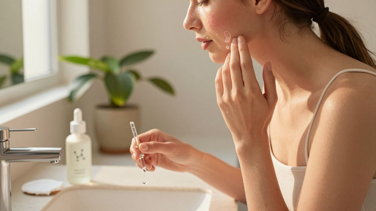 Mulher aplicando sérum facial com conta-gotas na bochecha perto da pia iluminada pela luz natural.