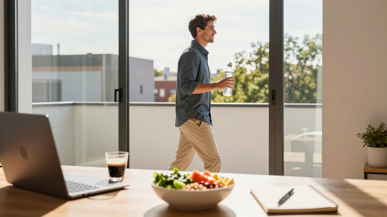 Homem caminhando com garrafa de água em apartamento iluminado, com laptop e salada à frente.
