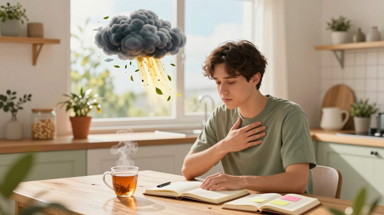 Jovem com dor no peito lendo em mesa com chá fumegante, enquanto nuvem escura com raios aparece ao lado.