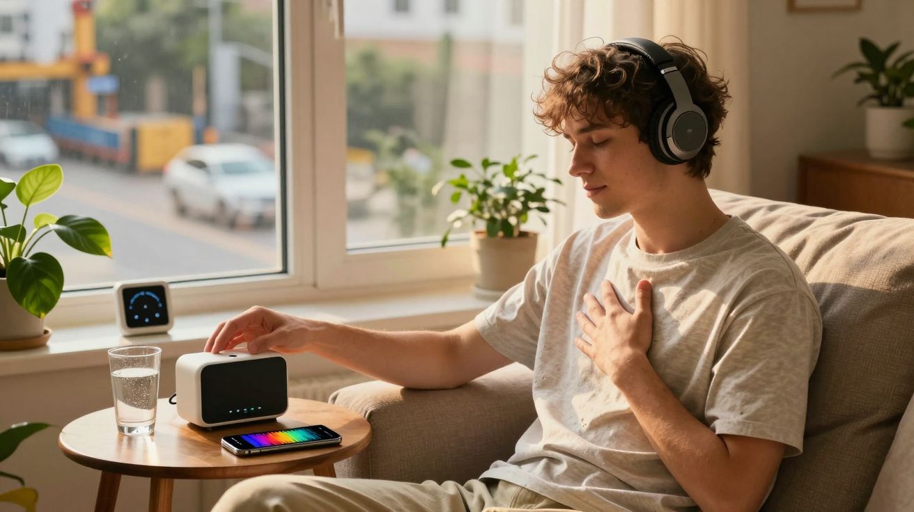 Jovem com fones ouvindo música, sentado no sofá com mão no peito, ao lado de mesa com rádio e copo d'água.