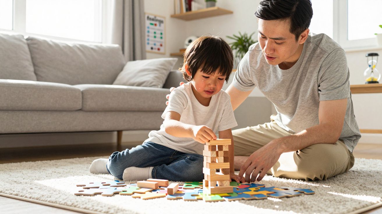 Pai e filho asiáticos brincando juntos no chão, construindo torre de blocos de madeira na sala iluminada.