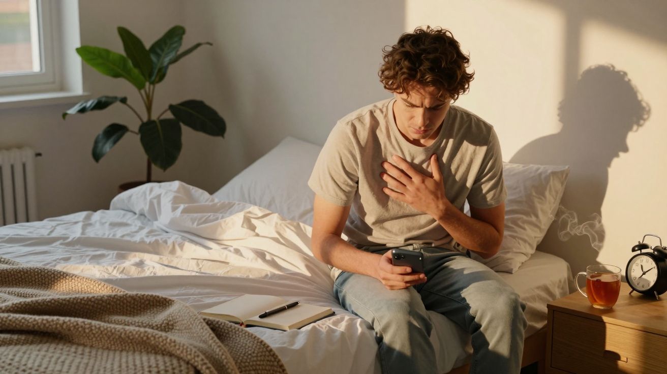 Homem sentado na cama segurando o peito enquanto usa o celular em quarto iluminado pela manhã.