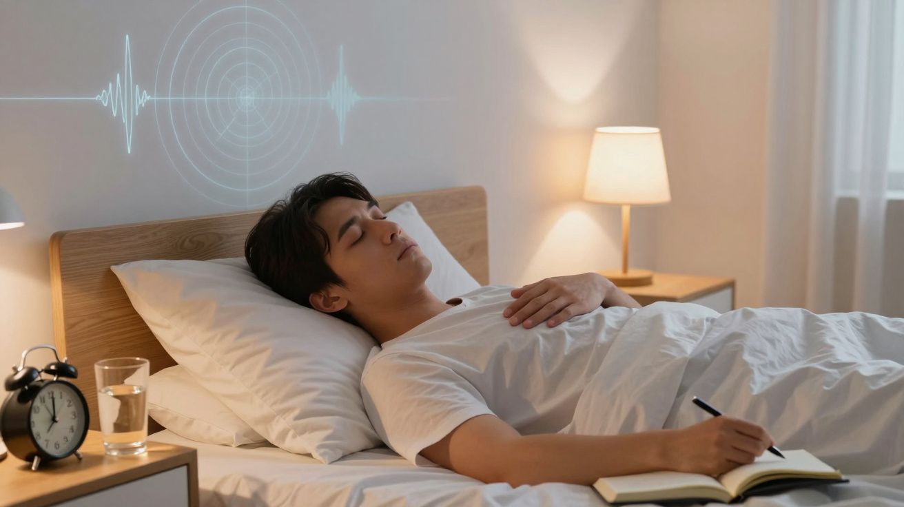 Jovem deitado na cama com olhos fechados, escrevendo em caderno, relógio e copo de água na mesa ao lado.