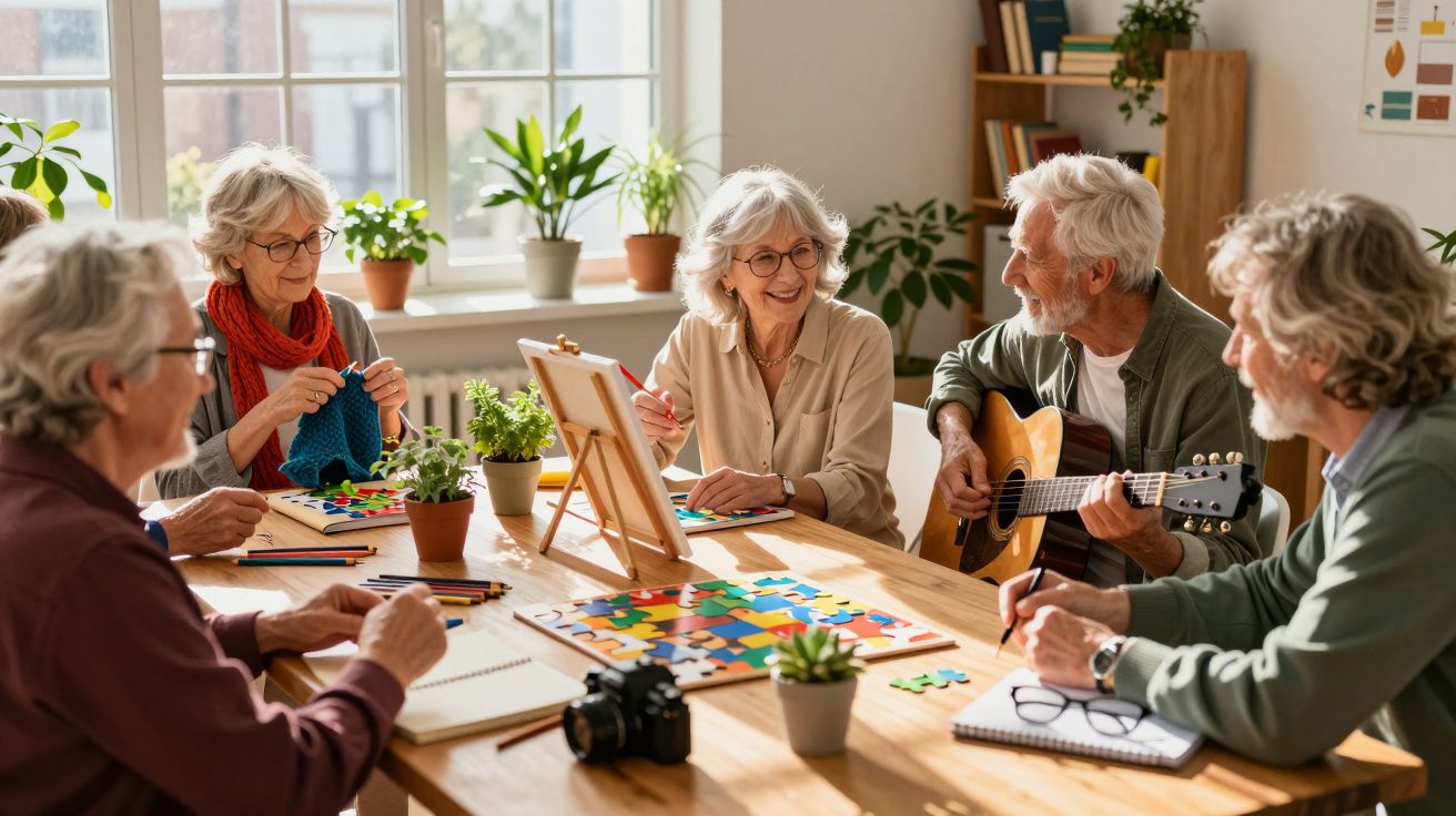 Grupo de idosos sorrindo e se divertindo com artesanato e música em sala iluminada.
