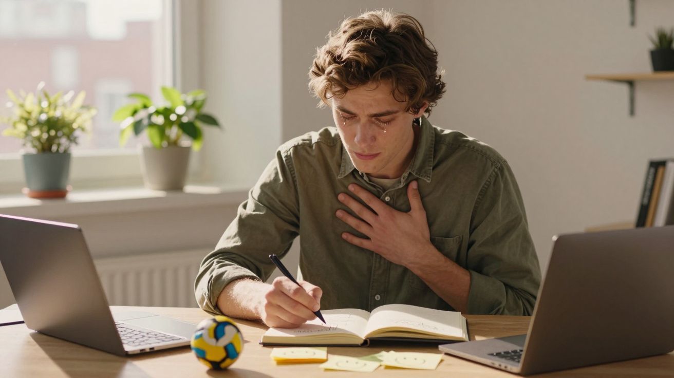 Jovem chorando e escrevendo em caderno com dois laptops em uma mesa iluminada por luz natural.