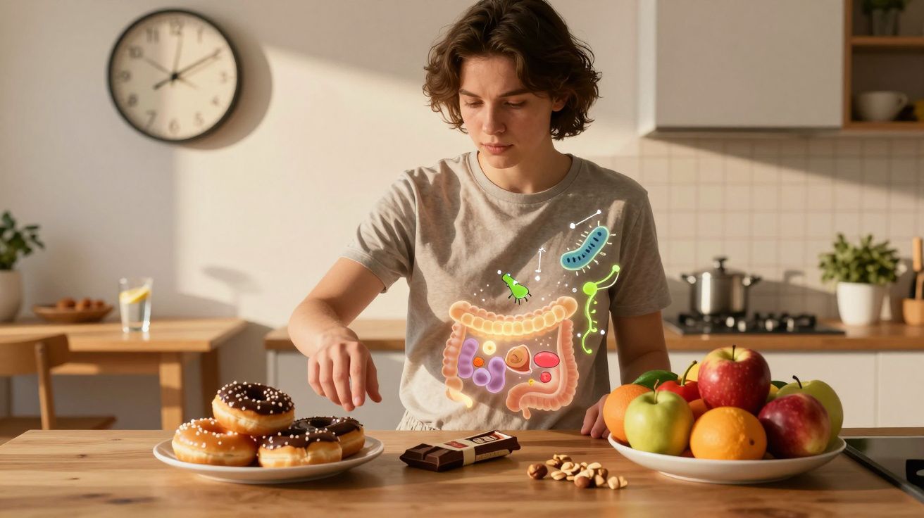 Pessoa olhando para doces e frutas na cozinha, com ilustração do intestino e bactérias sobreposta.