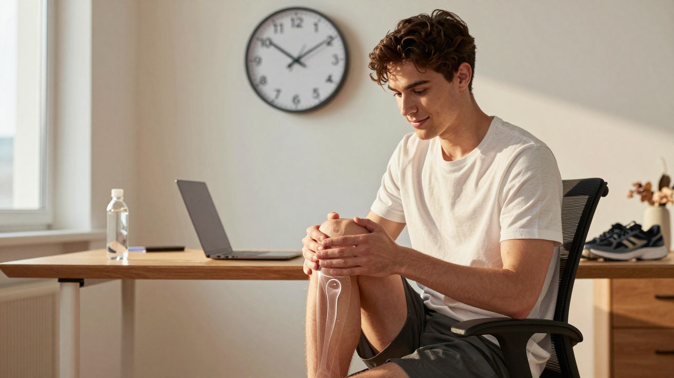 Jovem sentado em cadeira segurando joelho, com laptop e relógio na parede ao fundo.