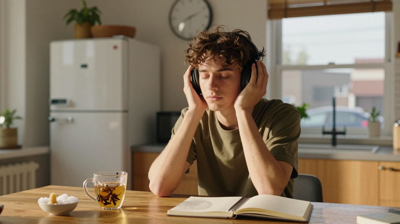 Jovem com fones ouvindo música e olhos fechados sentado à mesa com livro aberto e xícara de chá.
