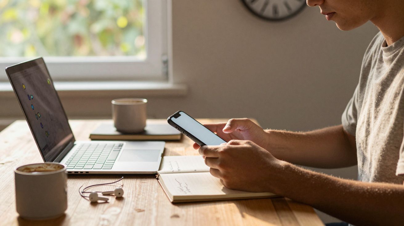 Pessoa usando celular e notebook em mesa com caderno, fones de ouvido e xícaras de café ao lado.
