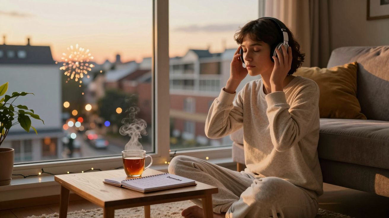 Pessoa sentada no chão de sala, ouvindo música com fones e chá quente na mesa em ambiente aconchegante.