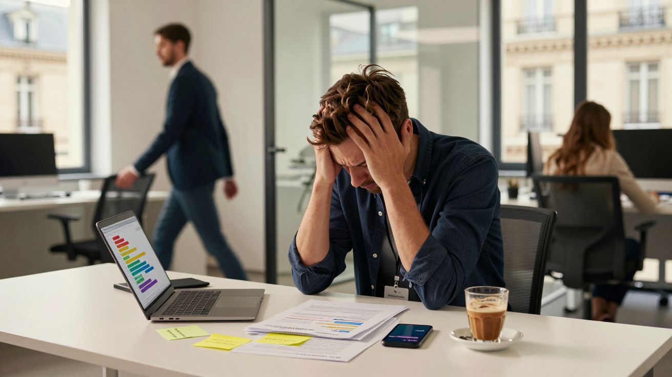 Homem preocupado no escritório olhando documentos com gráficos, computador e café na mesa.