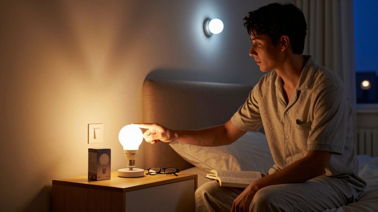 Homem em pijama sentado na cama acendendo abajur ao lado de livro e óculos sobre mesa de cabeceira.