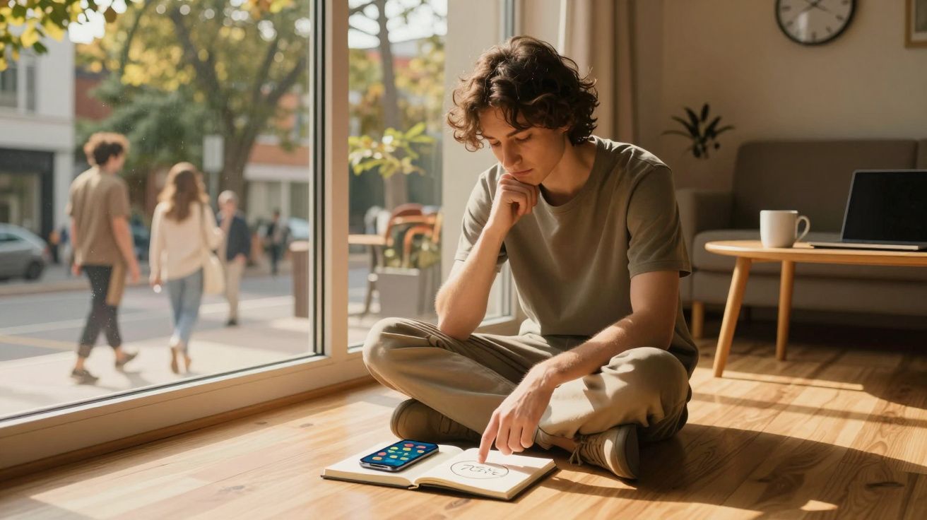 Jovem sentado no chão próximo à janela, tomando notas em caderno aberto com celular ao lado.