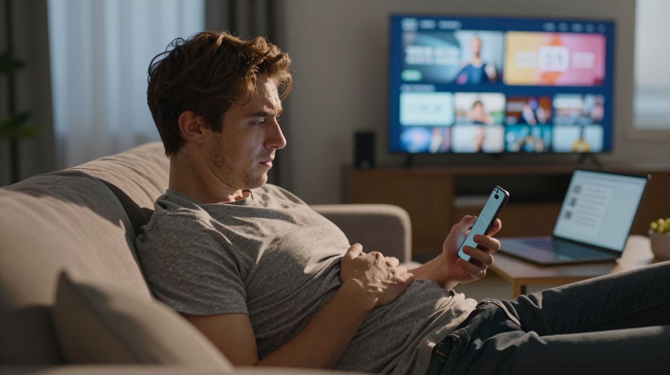 Homem sentado no sofá segurando controle remoto e com expressão concentrada, TV e laptop ao fundo.