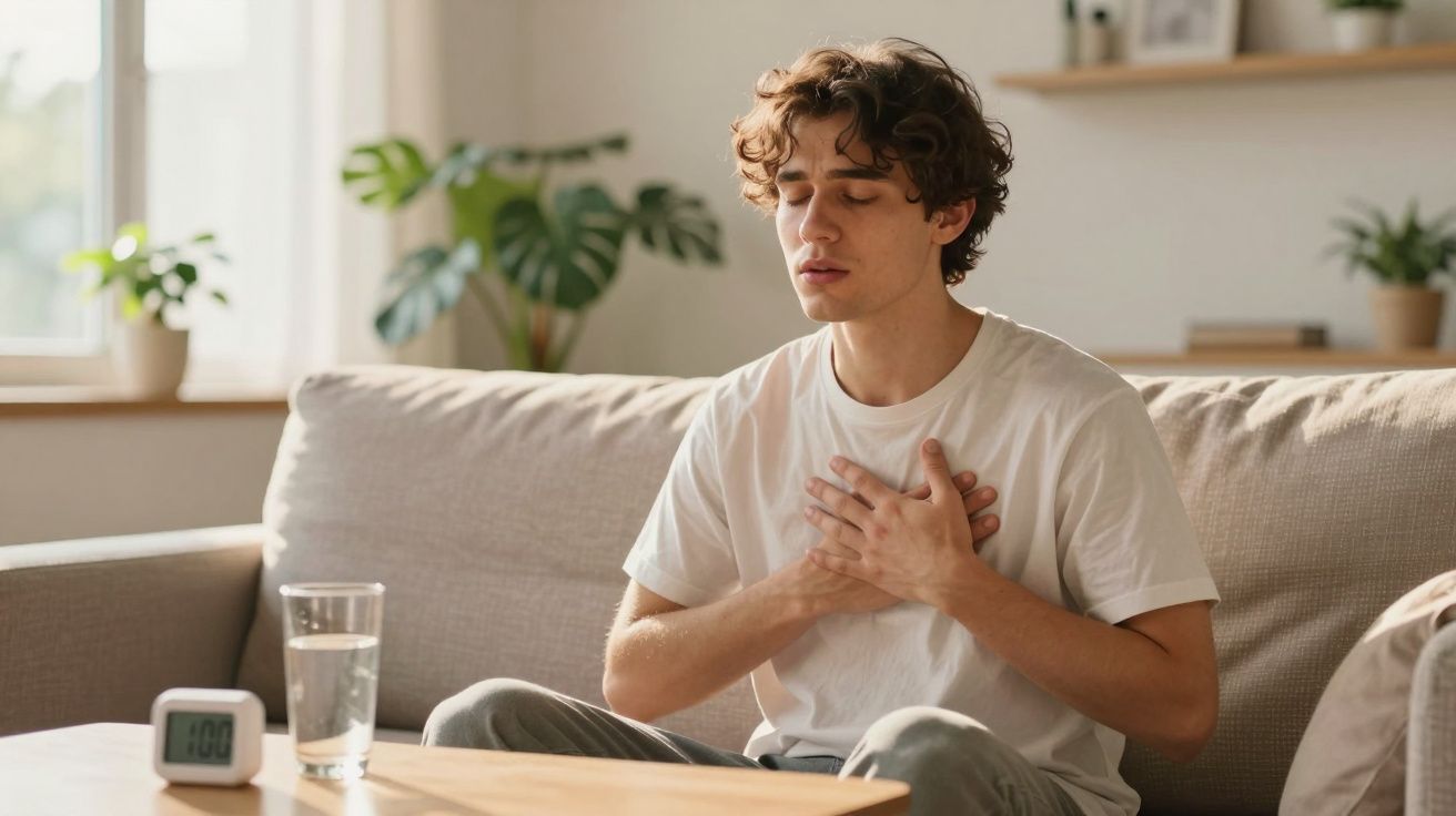 Jovem sentado no sofá com mãos no peito e olhos fechados, praticando respiração profunda.