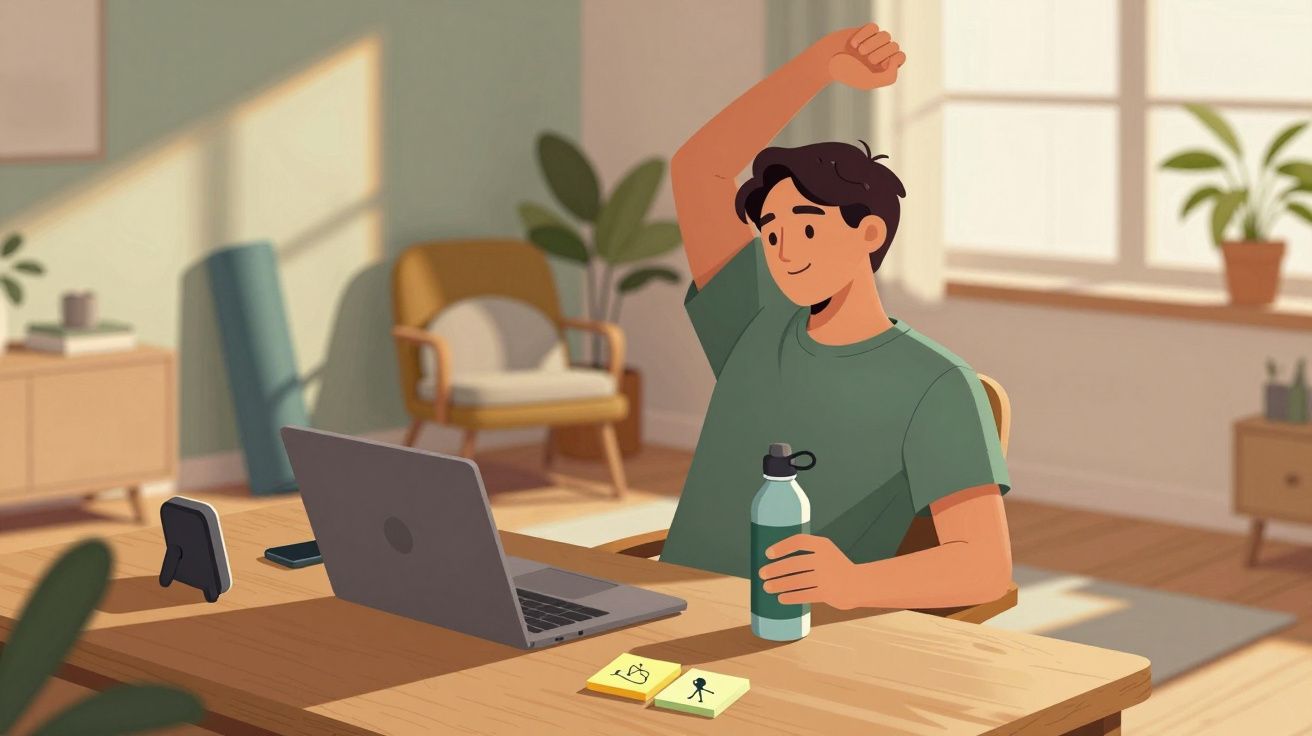 Homem animado sentado à mesa com laptop, segurando garrafa de água e levantando o braço em casa.