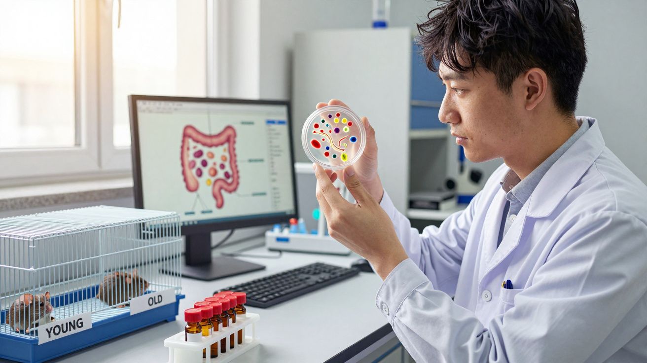 Cientista observa cultura bacteriana em placa de petri com ratos e imagem do intestino no fundo.