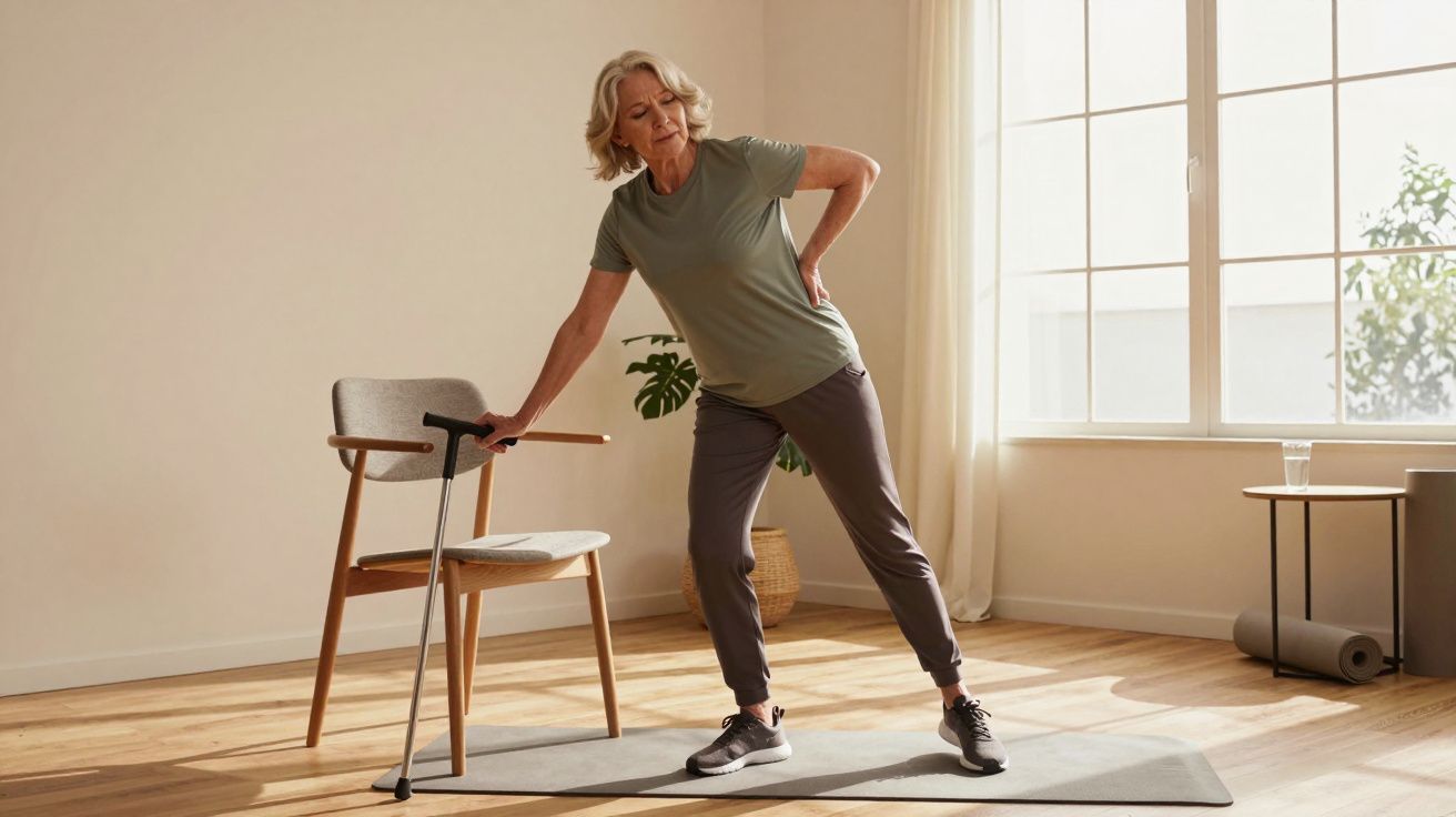 Mulher idosa com roupa esportiva sente dor nas costas enquanto segura uma cadeira para se apoiar em sala iluminada.