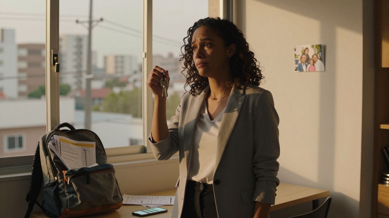 Mulher com expressão séria segurando chaves em escritório iluminado pela luz do sol.