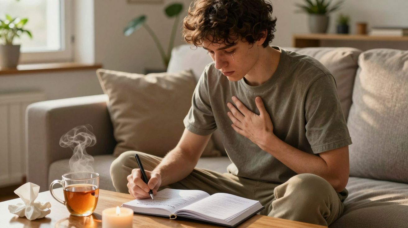 Jovem emocionado escrevendo em diário, com lágrimas e mão no peito, sentado no sofá ao lado de chá e vela acesa.