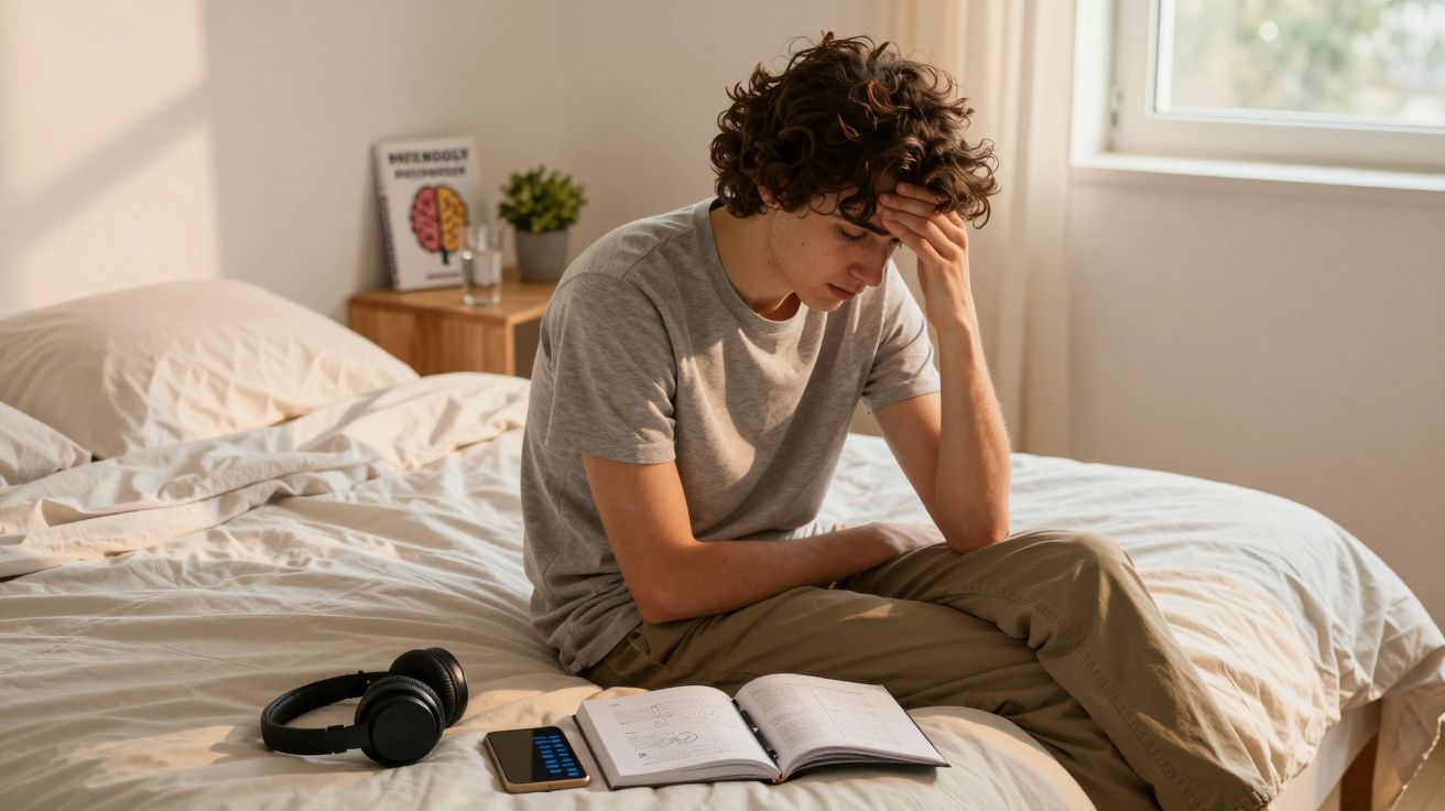 Jovem sentado na cama com expressão preocupada lendo livro, ao lado fone de ouvido e celular.