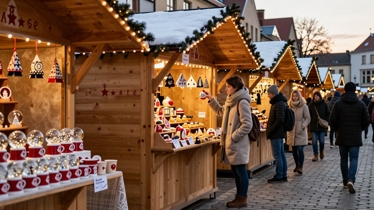 Pessoas visitando barracas de madeira iluminadas com enfeites natalinos em mercado ao ar livre ao entardecer.