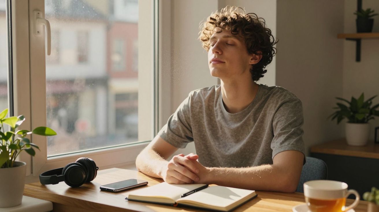Jovem com olhos fechados respirando profundamente perto da janela, mesa com caderno, celular, fones e xícara.