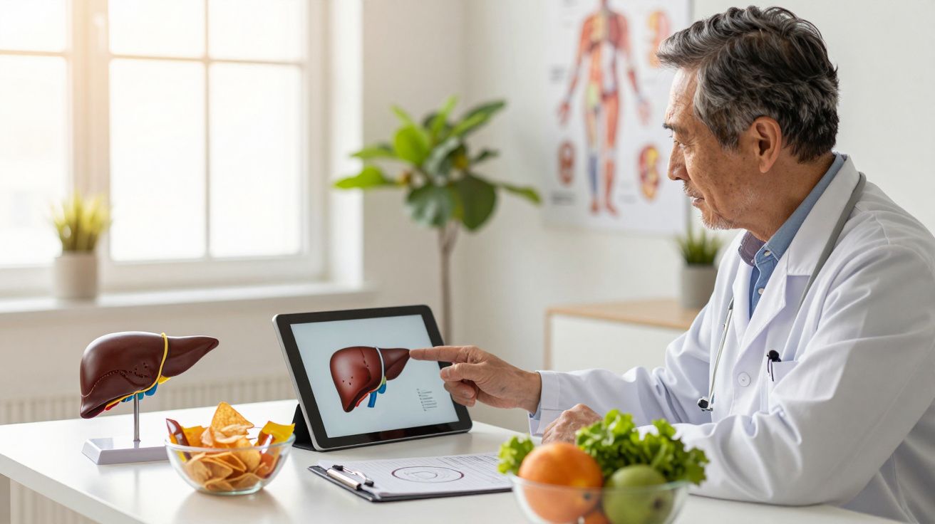 Médico aponta para imagem do fígado em tablet durante consulta sobre saúde e nutrição, com frutas na mesa.