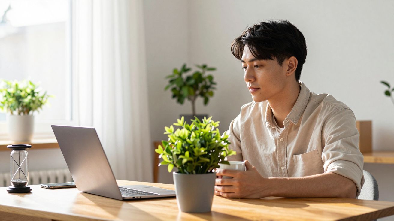 Jovem sentado em mesa com laptop e planta, segurando uma caneca em ambiente claro e tranquilo.