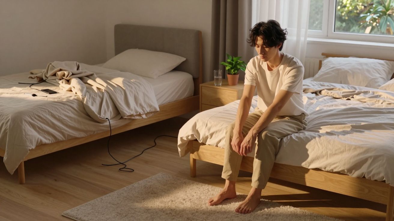 Pessoa sentada à beira da cama em quarto com luz natural, decoração simples e roupas claras.